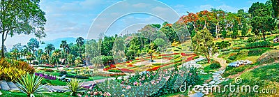 Panorama with flower beds of Mae Fah Luang garden, Doi Tung, Thailand Stock Photo