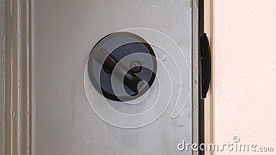 Panorama frame Close up of black door knob and unlocked latch Stock Photo