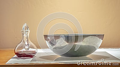 Panorama frame Communion wine and wafers inside a church Stock Photo