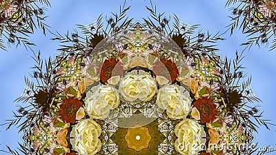 Panorama frame Vivid flowers in a patterned display of flowers in circular arrangement at wedding in California Stock Photo