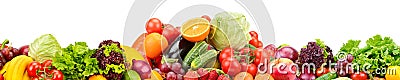 Panorama of fresh fruits and vegetables useful for health isolated on white background. Stock Photo