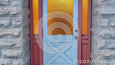 Panorama Frosted glass panes on the front door sidelights and transom window of home Stock Photo