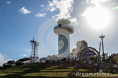 Panorama of Ganjeolgot Lighthouse and the Ganjeolgot building Complex with Communication Tower. Easternmost Point of Peninsula in Editorial Stock Photo