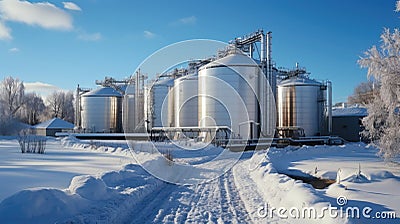 Panorama of grain silos in winter with snow and blue sky Stock Photo