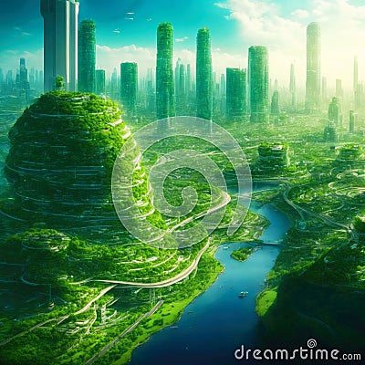 Panorama of the green eco-friendly city of the future. Greening the planet, preserving plants Stock Photo