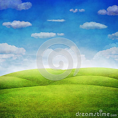 Panorama of green field with cloudy sky background Stock Photo