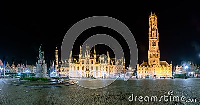 Grote Markt square in medieval city Brugge at night, Belgium. Editorial Stock Photo