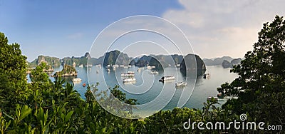Panorama of Ha Long Bay islands, tourist boat and seascape, Ha Long, Vietnam Stock Photo