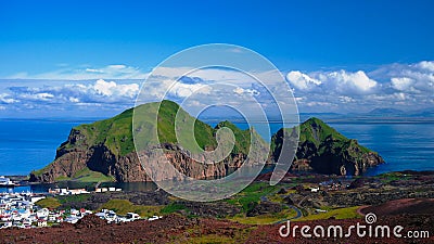 Panorama of Heimaey island and city, Vestmannaeyjar archipelago, Iceland Stock Photo