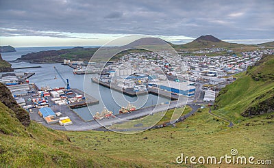 Panorama of Heimaey island with Eldfell and Helgafell volcanos, Iceland Stock Photo