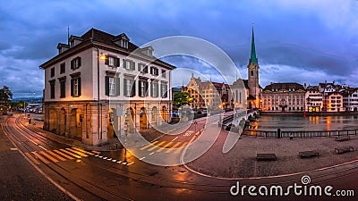 Panorama of Helmhaus and Fraumunster Church in the Morning, Zurich, Switzerland Stock Photo