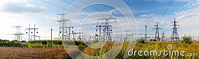 Panorama of high voltage substation. Distribution electrical pow Stock Photo