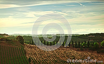 Panorama of the hills of San Gimignano, Tuscany in Italy. Stock Photo