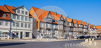 Panorama of historic houses on hte Kornmarkt square in Wolfenbuttel Editorial Stock Photo