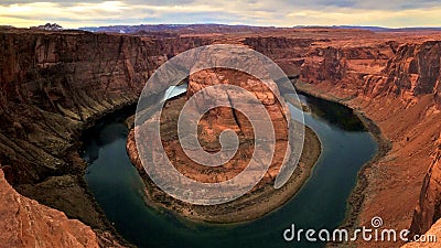 Panorama of Horseshoe Bend on a Cloudy Day Stock Photo