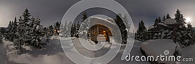 Panorama house chalet during a snowfall in the trees winter forest at night in the moonlight. Cilindrical 360 panorama Stock Photo