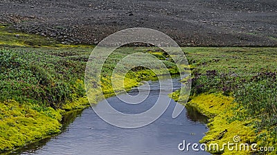 Panorama Huseyjarkvisl river valley near Middle of Nowhere in Iceland Stock Photo