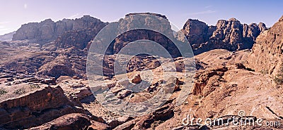 Panorama image of Petra, Jordan, and the Nabataean cave homes hidden in the rocks Stock Photo