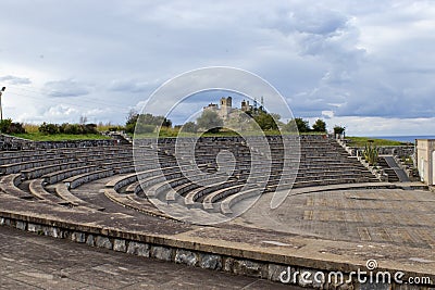 Panorama of the Interior of the Arena. Stone Amphitheater Against the Backdrop of the Castle in Diamante, Cirella, Italy. Round Stock Photo