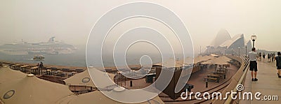 Panorama of invisible Sydney opera house and harbor bridge in the smoke haze, from bush fire in NSW, Australia :10-12-2019 Editorial Stock Photo