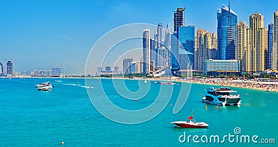 Panorama of JBR Marina beach and skyscrapers of Dubai Marina, Dubai, UAE Editorial Stock Photo