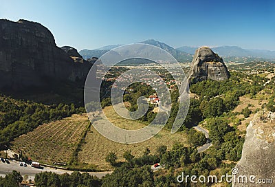 Panorama of Kalampaka from rock monastery,Meteora Stock Photo