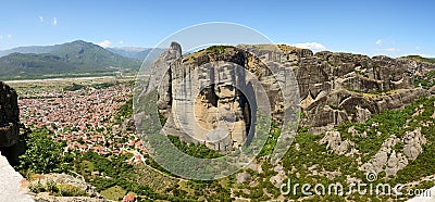 The panorama of Kalampaka town and Meteora Stock Photo
