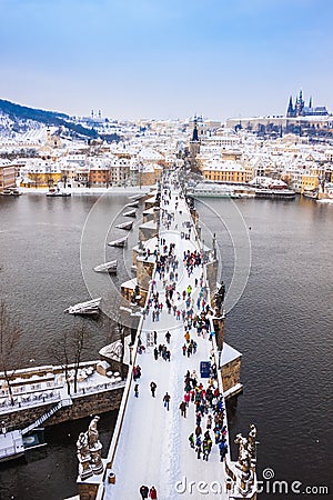 Karlov or Charles bridge in Prague in winter Editorial Stock Photo