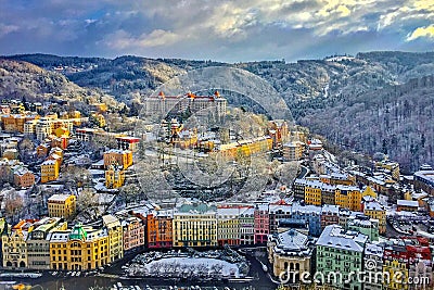 Panorama of Karlovy Vary town at winter, Czech Republic Stock Photo