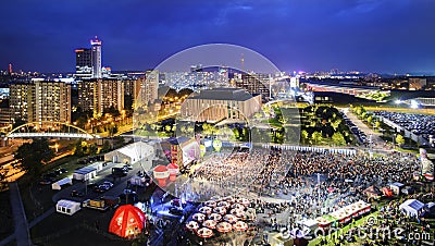 Panorama of Katowice at night during a concert dedicated to the Editorial Stock Photo