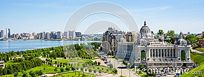 Panorama of Kazan in summer, Tatarstan, Russia. Farmers Palace on right Stock Photo