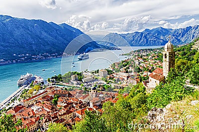 Panorama of Kotor and a view of the mountains, Montenegro Stock Photo