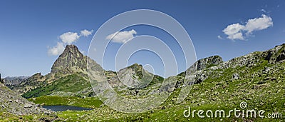 Panorama lacs d`Auyous and Pic d`Ossau in the French Pyrenees Stock Photo
