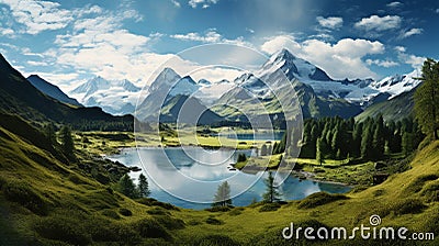 Mountain panorama with lake, forest and blue sky Stock Photo