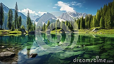 Mountain panorama with lake, forest and blue sky Stock Photo