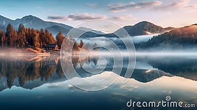 Panorama of the lake on a foggy morning mountains. Generative AI. Stock Photo