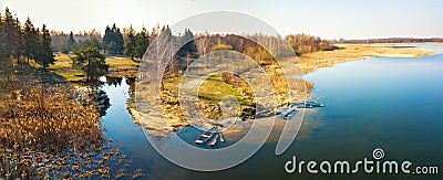 Panorama of lake in forest at morning time. Clean rural environment background Stock Photo