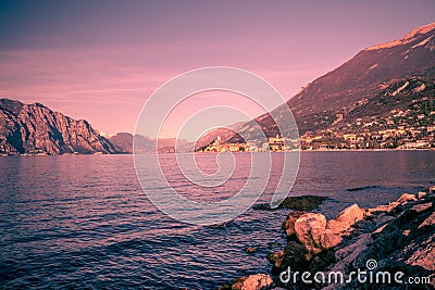 Panorama of Lake Garda (Italy) near the town of Malcesine. Stock Photo