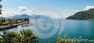 Panorama of lake Maggiore with Maccagno pier in a sunny day, province of Varese, Italy Stock Photo