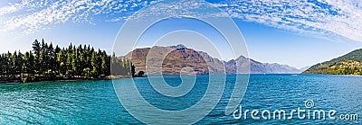 Panorama Lake Wakatipu and Southern Alps near Queenstown, Otago New Zealand Stock Photo