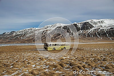 Panorama landscape of abandoned forgotten remote rural idyllic isolated magic bus schoolbus in Hunavatn Northern Iceland Editorial Stock Photo