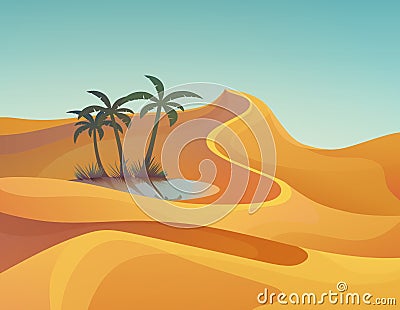 Panorama or landscape of desert with oasis Vector Illustration