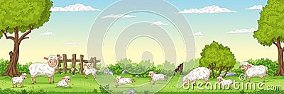 Panorama Landscape With Sheep Vector Illustration