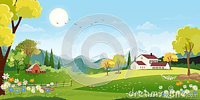 Panorama landscape of spring village with green meadow on hills and blue sky, Vector Summer or Spring landscape, Panoramic Vector Illustration