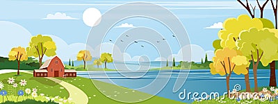 Panorama landscape of spring village with green meadow on hills with blue sky, Vector Summer or Spring landscape, Panoramic Vector Illustration