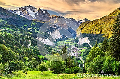 View of the Lauterbrunnen valley in Swiss Alps Stock Photo