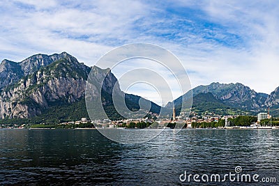 Panorama of Lecco on Lake Como with the mountains in the background Stock Photo