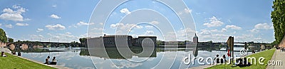 Panorama of left bank Garonne River Toulouse, with Pont Neuf (L) & Pont Saint-Pierre (R), from Promenade Henri Martin, foreground Editorial Stock Photo