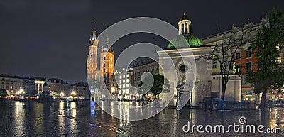 Panorama of Main Market Square at night, Poland, Krakow Editorial Stock Photo