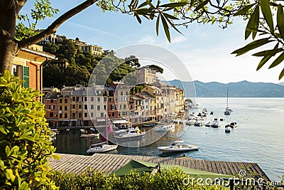 Panorama of marina bay in Portofino village, Italy Stock Photo